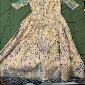 Alex Marie Embroidered Floral Midi Dress in Blush and Pastel Blue